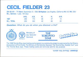 1988 Toronto Blue Jays Fire Safety #NNO Cecil Fielder Back