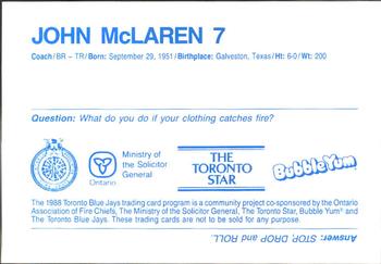 1988 Toronto Blue Jays Fire Safety #NNO John McLaren Back