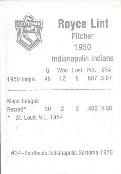 1978 Sertoma 1950 Indianapolis Indians #34 Royce Lint Back