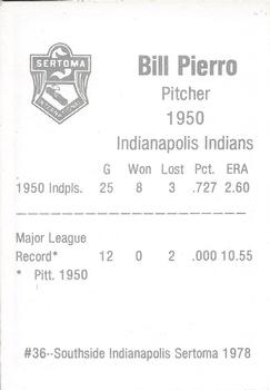 1978 Sertoma 1950 Indianapolis Indians #36 Bill Pierro Back