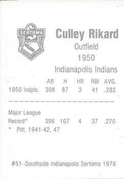 1978 Sertoma 1950 Indianapolis Indians #51 Culley Rikard Back