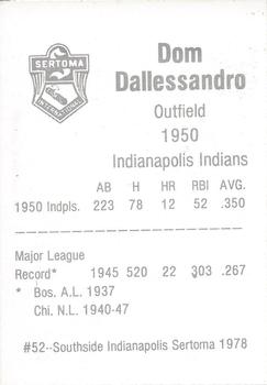 1978 Sertoma 1950 Indianapolis Indians #52 Dom Dallessandro Back