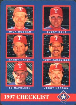 1997 Mother's Cookies Texas Rangers #28 Coaches & Checklist (Dick Bosman / Bucky Dent / Larry Hardy / Rudy Jaramillo / Ed Napoleon / Jerry Narron) Front
