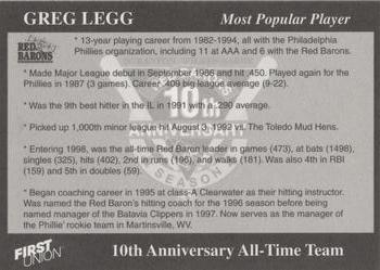1998 Scranton/Wilkes-Barre Red Barons 10th Anniversary All-Time Team #NNO Greg Legg Back