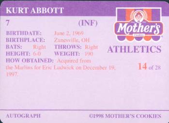 1998 Mother's Cookies Oakland Athletics #14 Kurt Abbott Back