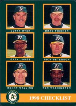 1998 Mother's Cookies Oakland Athletics #28 Coaches & Checklist (Duffy Dyer / Brad Fischer / Gary Jones / Rick Peterson / Denny Walling / Ron Washington) Front
