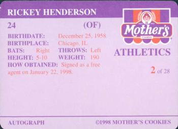 1998 Mother's Cookies Oakland Athletics #2 Rickey Henderson Back