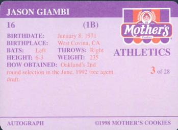 1998 Mother's Cookies Oakland Athletics #3 Jason Giambi Back