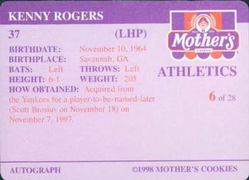 1998 Mother's Cookies Oakland Athletics #6 Kenny Rogers Back