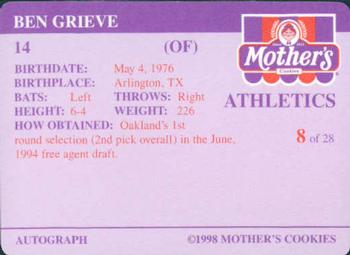 1998 Mother's Cookies Oakland Athletics #8 Ben Grieve Back