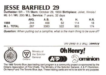 1989 Toronto Blue Jays Fire Safety #NNO Jesse Barfield Back