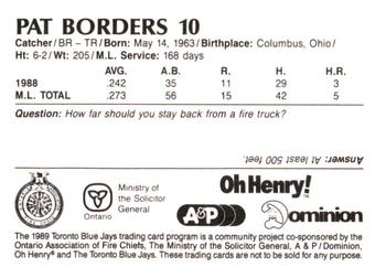 1989 Toronto Blue Jays Fire Safety #NNO Pat Borders Back