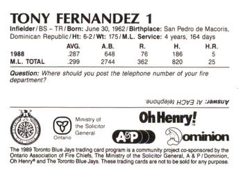 1989 Toronto Blue Jays Fire Safety #NNO Tony Fernandez Back