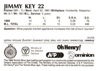 1989 Toronto Blue Jays Fire Safety #NNO Jimmy Key Back