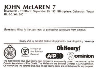 1989 Toronto Blue Jays Fire Safety #NNO John McLaren Back