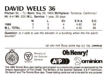1989 Toronto Blue Jays Fire Safety #NNO David Wells Back