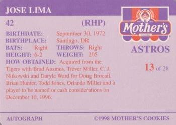 1998 Mother's Cookies Houston Astros #13 Jose Lima Back