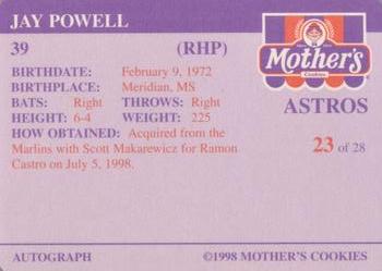 1998 Mother's Cookies Houston Astros #23 Jay Powell Back