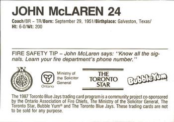 1987 Toronto Blue Jays Fire Safety #NNO John McLaren Back