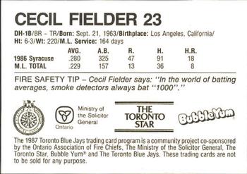 1987 Toronto Blue Jays Fire Safety #NNO Cecil Fielder Back