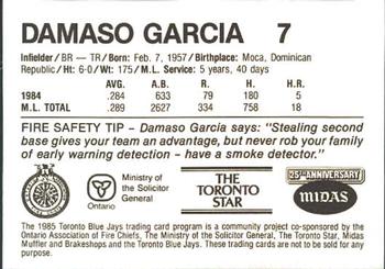 1985 Toronto Blue Jays Fire Safety #NNO Damaso Garcia Back