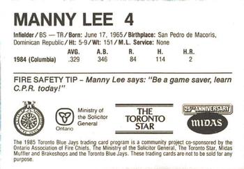 1985 Toronto Blue Jays Fire Safety #NNO Manny Lee Back