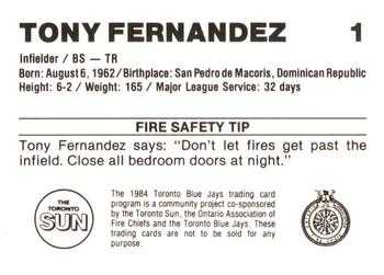 1984 Toronto Blue Jays Fire Safety #NNO Tony Fernandez Back