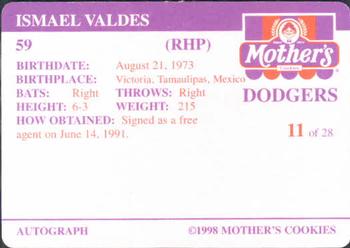 1998 Mother's Cookies Los Angeles Dodgers #11 Ismael Valdes Back