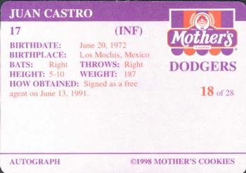 1998 Mother's Cookies Los Angeles Dodgers #18 Juan Castro Back