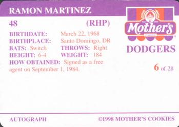 1998 Mother's Cookies Los Angeles Dodgers #6 Ramon Martinez Back