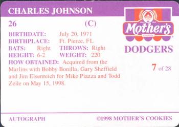 1998 Mother's Cookies Los Angeles Dodgers #7 Charles Johnson Back