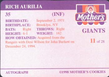 1998 Mother's Cookies San Francisco Giants #11 Rich Aurilia Back