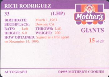 1998 Mother's Cookies San Francisco Giants #15 Rich Rodriguez Back
