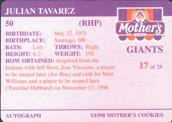 1998 Mother's Cookies San Francisco Giants #17 Julian Tavarez Back