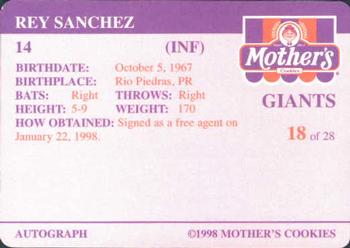 1998 Mother's Cookies San Francisco Giants #18 Rey Sanchez Back