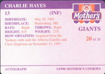 1998 Mother's Cookies San Francisco Giants #20 Charlie Hayes Back
