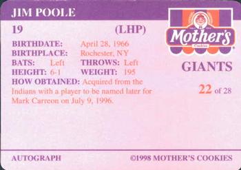 1998 Mother's Cookies San Francisco Giants #22 Jim Poole Back