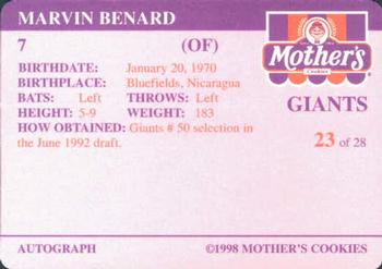 1998 Mother's Cookies San Francisco Giants #23 Marvin Benard Back