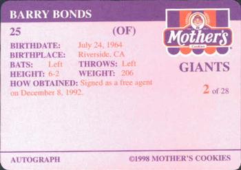 1998 Mother's Cookies San Francisco Giants #2 Barry Bonds Back