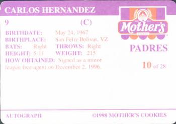1998 Mother's Cookies San Diego Padres #10 Carlos Hernandez Back