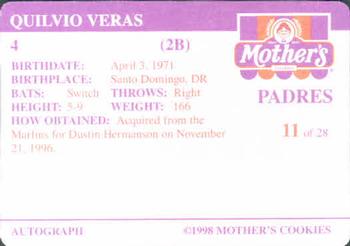1998 Mother's Cookies San Diego Padres #11 Quilvio Veras Back
