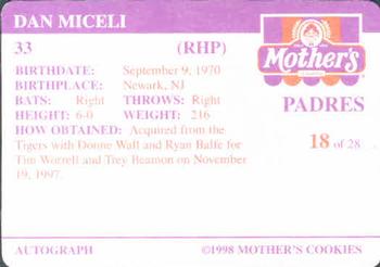 1998 Mother's Cookies San Diego Padres #18 Dan Miceli Back