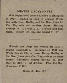 1937 O-Pee-Chee Batter Ups (V300) #102 Jackie Hayes Back