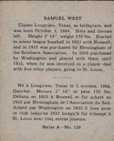 1937 O-Pee-Chee Batter Ups (V300) #129 Sam West Back
