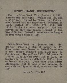 1937 O-Pee-Chee Batter Ups (V300) #107 Hank Greenberg Back