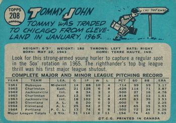 1965 O-Pee-Chee #208 Tommy John Back
