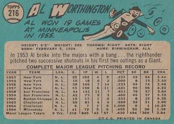 1965 O-Pee-Chee #216 Al Worthington Back