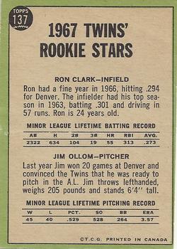 1967 O-Pee-Chee #137 Twins 1967 Rookie Stars (Ron Clark / Jim Ollom) Back