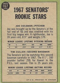 1967 O-Pee-Chee #167 Senators 1967 Rookie Stars (Joe Coleman / Tim Cullen) Back