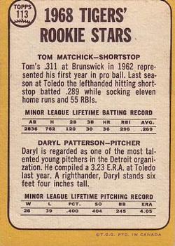 1968 O-Pee-Chee #113 Tigers 1968 Rookie Stars (Tom Matchick / Daryl Patterson) Back